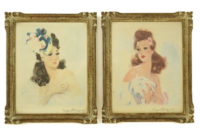 two framed paintings of women with hats on their heads