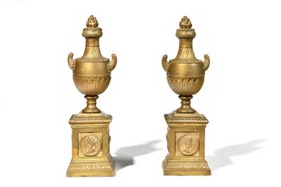 pair of antique brass vases on pedestals on a white background