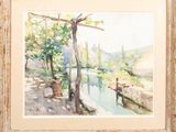 an image of a watercolor painting of a river and trees