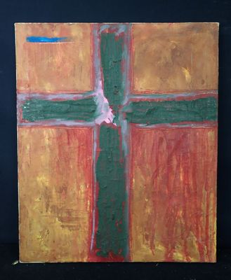 peinture représentant une croix verte sur un fond jaune et rouge