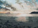 une aquarelle représentant un coucher de soleil sur l'océan