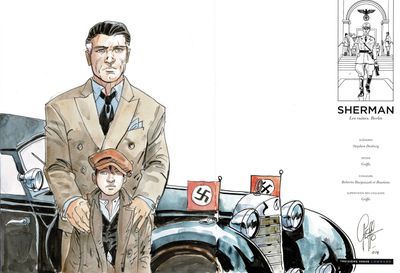 un dessin représentant un homme en costume assis sur une voiture