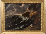 an image of a painting of a man sitting on a rock by the ocean