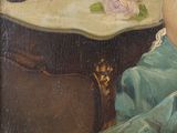 a painting of a woman sitting at a table