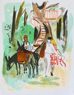 un dessin représentant un homme à cheval avec une femme à ses côtés