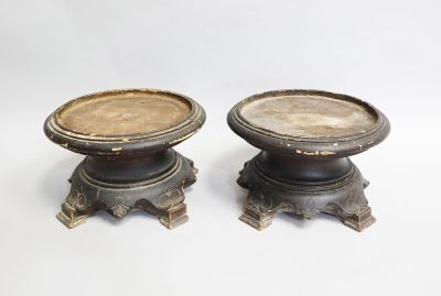 pair of antique bronze candlesticks on pedestals on a white background