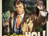 une vieille affiche du film « Hol », mettant en scène un homme coiffé d'un haut-de-forme et tenant un pistolet