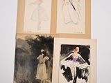 four drawings of a woman in a white dress and a man in a black suit