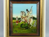 une peinture à l'huile représentant un homme à cheval, une épée à la main