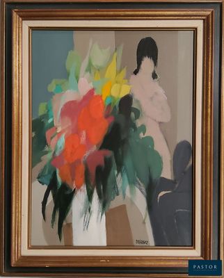 un tableau représentant une femme tenant un bouquet de fleurs
