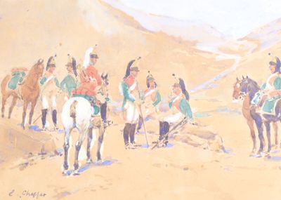 une peinture représentant un groupe de personnes à cheval