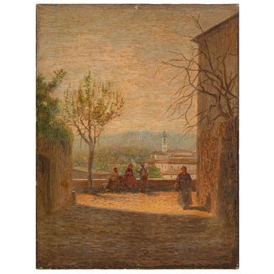 PEINTRE DU 19ÈME SIÈCLE Sur la terrasse à la tombée de la nu…