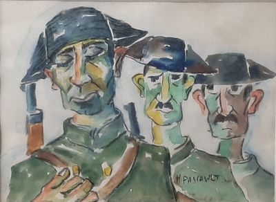 tableau représentant deux hommes en uniforme, coiffés d'un chapeau et tenant des armes à la main