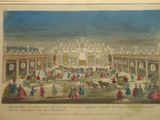 a drawing of a large building with a lot of people around it