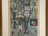 tableau représentant une scène de rue avec des passants et un chien en laisse