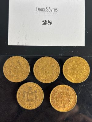 six gold sovereigns are on display in a glass case