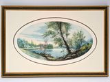 painting of a landscape with a river and trees in a gold frame