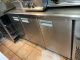 stainless steel counter top in a commercial kitchen with two ovens