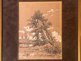 painting of a tree in a field with a house in the background