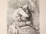 a black and white drawing of a man and a dog