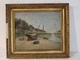 a picture of a painting of a boat on the beach