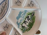 a person holding a plate with a cow design on it