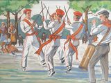 un tableau représentant un groupe d'hommes en uniforme jouant du tambour
