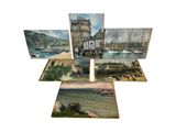 quatre tableaux représentant des bateaux dans un port, avec un château en arrière-plan