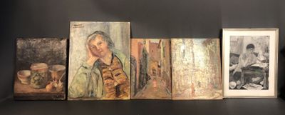 several paintings of women are displayed on a shelf in a room