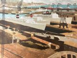 a picture of a painting of a harbor with boats on the water