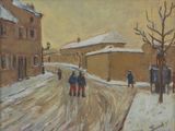 tableau représentant des personnes marchant dans une rue enneigée d'une ville