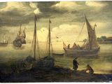 a painting of a group of boats on a body of water