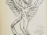 an open book with a drawing of a bird on it