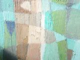 a close up of a painting of a building with a clock on it
