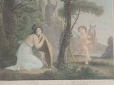 une photo d'un tableau représentant une femme jouant de la harpe