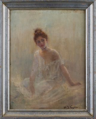 an oil painting of a woman in a white dress sitting on a bed