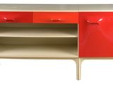 an image of a red and white cabinet with two drawers