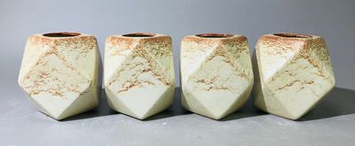 quatre vases blancs posés les uns à côté des autres sur une table