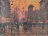 une peinture de personnes marchant dans la rue sous la pluie