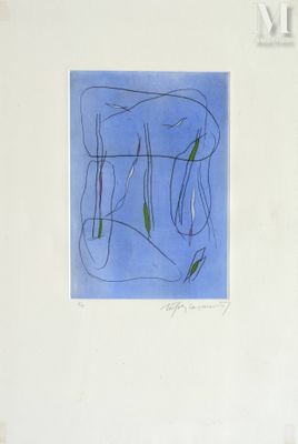 painting of a blue square with a line drawing on it