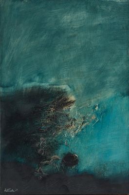 une peinture à l'huile représentant un bateau en mer, avec le ciel en arrière-plan