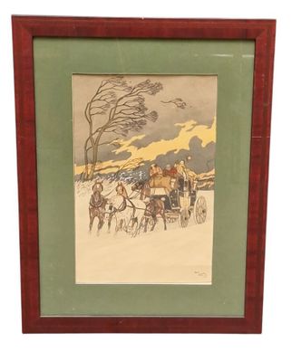painting of a horse drawn carriage in a snowy landscape