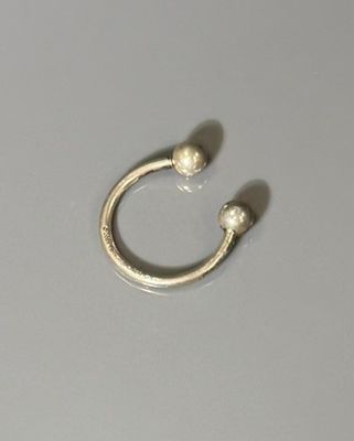 a silver ring with two balls attached to it