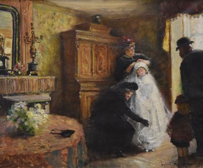 tableau représentant une mariée et un marié en train de se préparer pour leur cérémonie de mariage