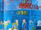 painting of a group of people standing in front of a blue building