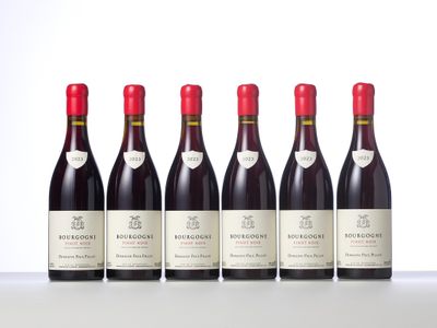 six bottles of red wine lined up in a row