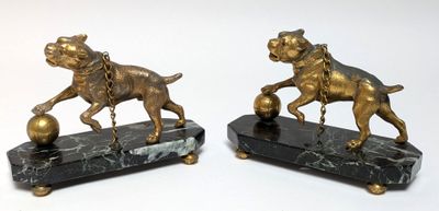 pair of antique bronze dog figurines on marble bases
