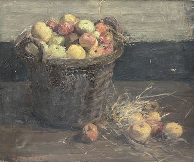 a painting of apples in a basket on a table