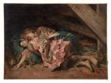 an image of a painting of a woman laying on the ground