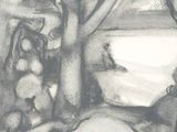 a black and white drawing of a woman laying under a tree